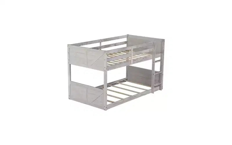 Lit superposé jumeau sur jumeau ZevemomoLow, cadre en bois d'hévéa massif avec échelle intégrée, pour petits espaces, chambre à coucher, gain de place, pas besoin de sommier, blanc