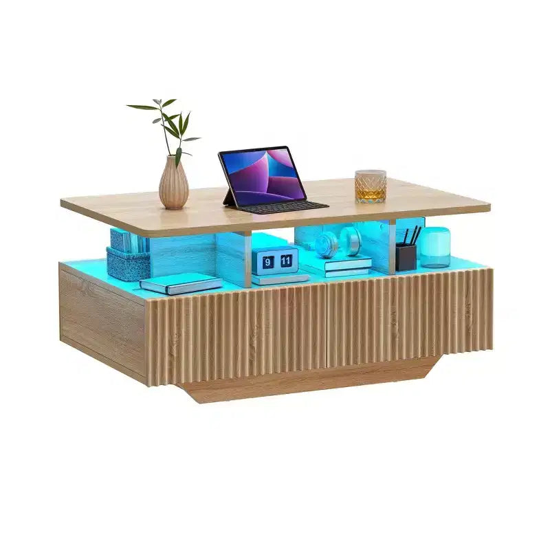 Table basse de ferme à LED avec 4 tiroirs et compartiment ouvert, design rectangulaire moderne, table basse en bois
