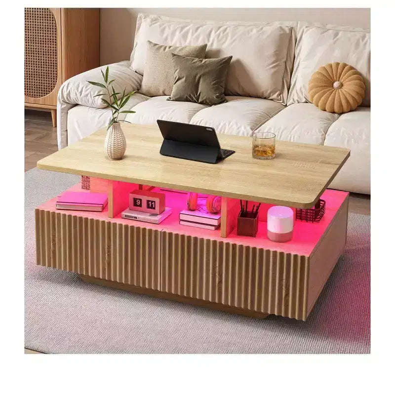 Table basse de ferme à LED avec 4 tiroirs et compartiment ouvert, design rectangulaire moderne, table basse en bois