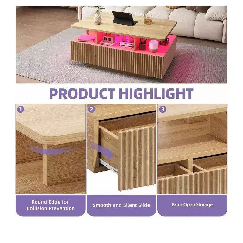 Table basse de ferme à LED avec 4 tiroirs et compartiment ouvert, design rectangulaire moderne, table basse en bois