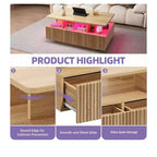 Table basse de ferme à LED avec 4 tiroirs et compartiment ouvert, design rectangulaire moderne, table basse en bois