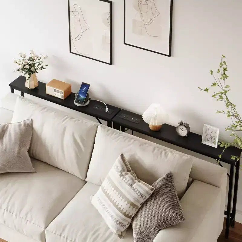 5.9 Table de canapé étroite avec prises, Console mince avec rangement, Table d'appoint étroite derrière le canapé pour salon, entrée, couloir, foyer - Noir