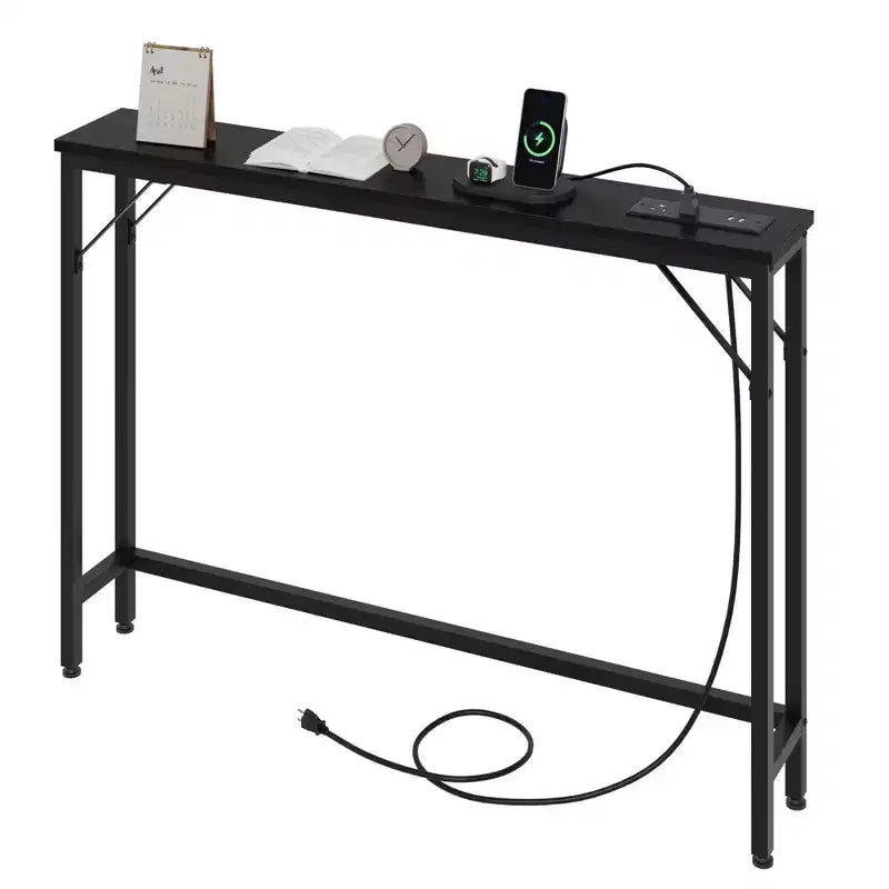 5.9 Table de canapé étroite avec prises, Console mince avec rangement, Table d'appoint étroite derrière le canapé pour salon, entrée, couloir, foyer - Noir