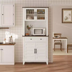 Kitchen Pantry, 72 Farmhouse Coffee Bar Table with Storage Drawers & Glass Doors