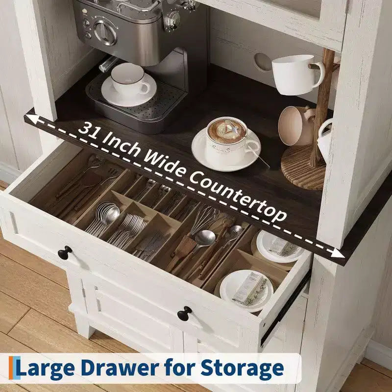 Garde-manger de cuisine, table de bar à café de ferme de 72 po avec tiroirs de rangement et portes vitrées