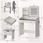 Coiffeuse avec miroir et lumières, Coiffeuse moderne avec tabouret de rangement caché, 2 grands tiroirs, 3 étagères ouvertes, pour Chambre à coucher