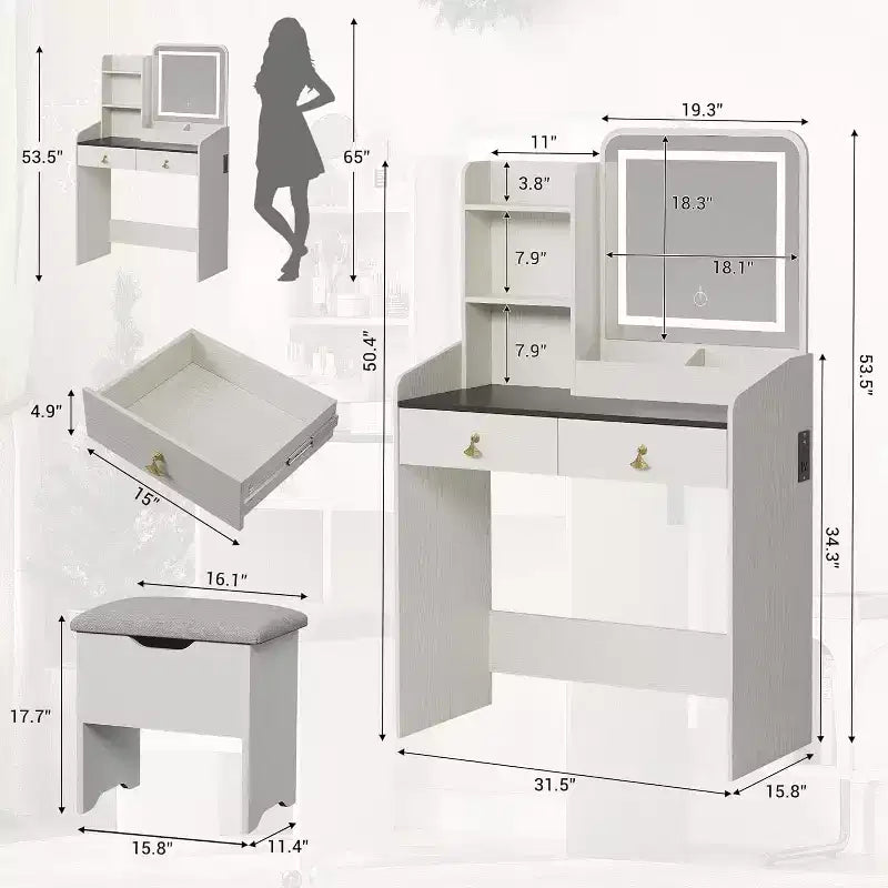 Coiffeuse avec miroir et lumières, Coiffeuse moderne avec tabouret de rangement caché, 2 grands tiroirs, 3 étagères ouvertes, pour Chambre à coucher