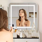 Coiffeuse avec miroir et lumières, Coiffeuse moderne avec tabouret de rangement caché, 2 grands tiroirs, 3 étagères ouvertes, pour Chambre à coucher