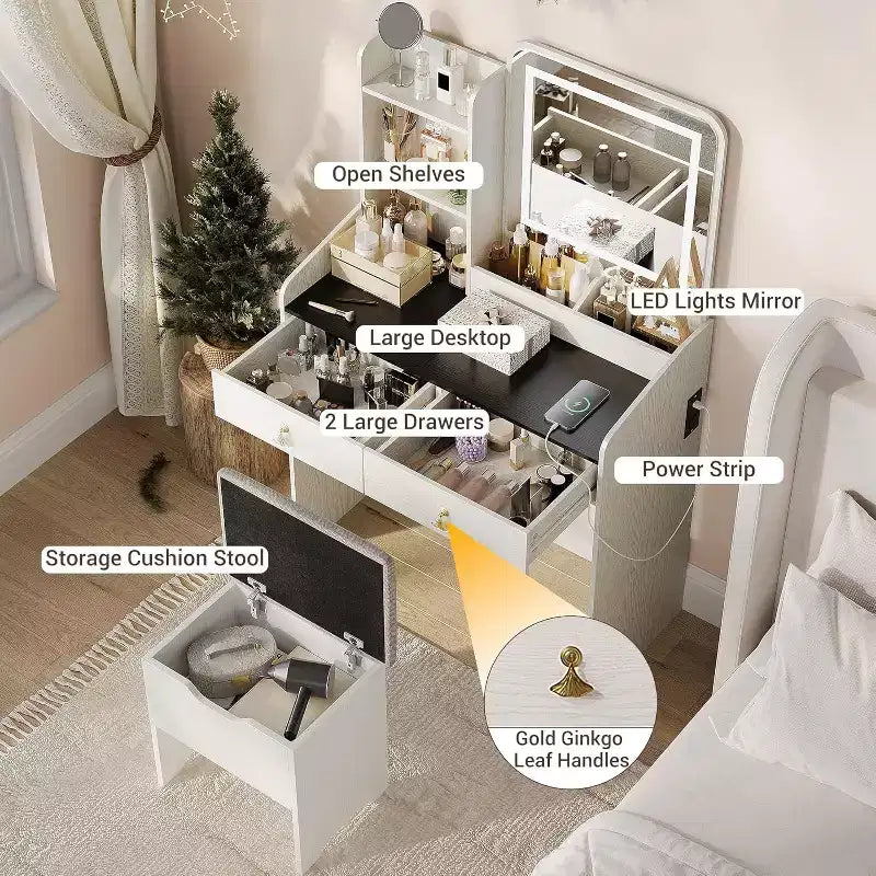 Coiffeuse avec miroir et lumières, Coiffeuse moderne avec tabouret de rangement caché, 2 grands tiroirs, 3 étagères ouvertes, pour Chambre à coucher