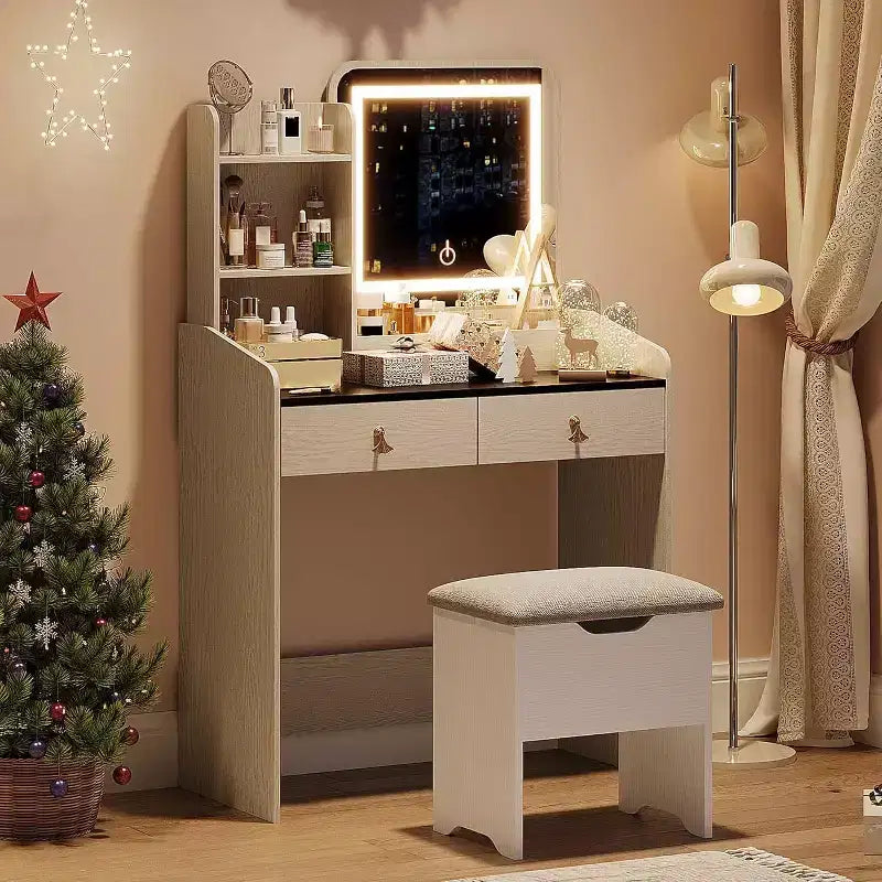 Coiffeuse avec miroir et lumières, Coiffeuse moderne avec tabouret de rangement caché, 2 grands tiroirs, 3 étagères ouvertes, pour Chambre à coucher