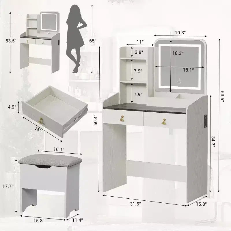 Coiffeuse avec miroir et lumières, Coiffeuse moderne avec tabouret de rangement caché, 2 grands tiroirs, 3 étagères ouvertes, pour Chambre à coucher