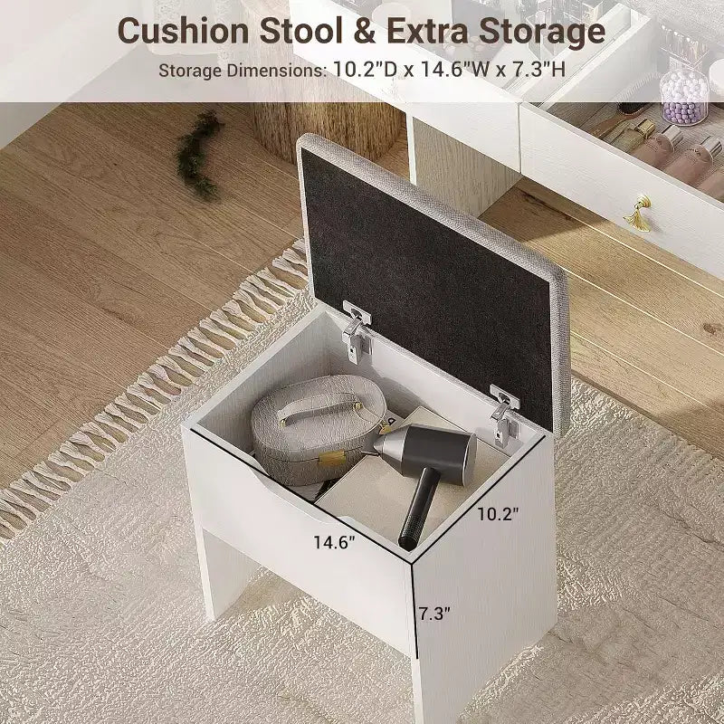Coiffeuse avec miroir et lumières, Coiffeuse moderne avec tabouret de rangement caché, 2 grands tiroirs, 3 étagères ouvertes, pour Chambre à coucher