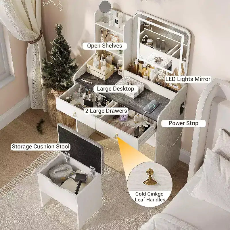 Coiffeuse avec miroir et lumières, Coiffeuse moderne avec tabouret de rangement caché, 2 grands tiroirs, 3 étagères ouvertes, pour Chambre à coucher