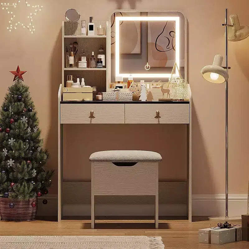 Coiffeuse avec miroir et lumières, Coiffeuse moderne avec tabouret de rangement caché, 2 grands tiroirs, 3 étagères ouvertes, pour Chambre à coucher