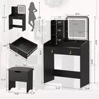 Coiffeuse avec miroir et lumières, Coiffeuse moderne avec tabouret de rangement caché, 2 grands tiroirs, 3 étagères ouvertes, pour Chambre à coucher