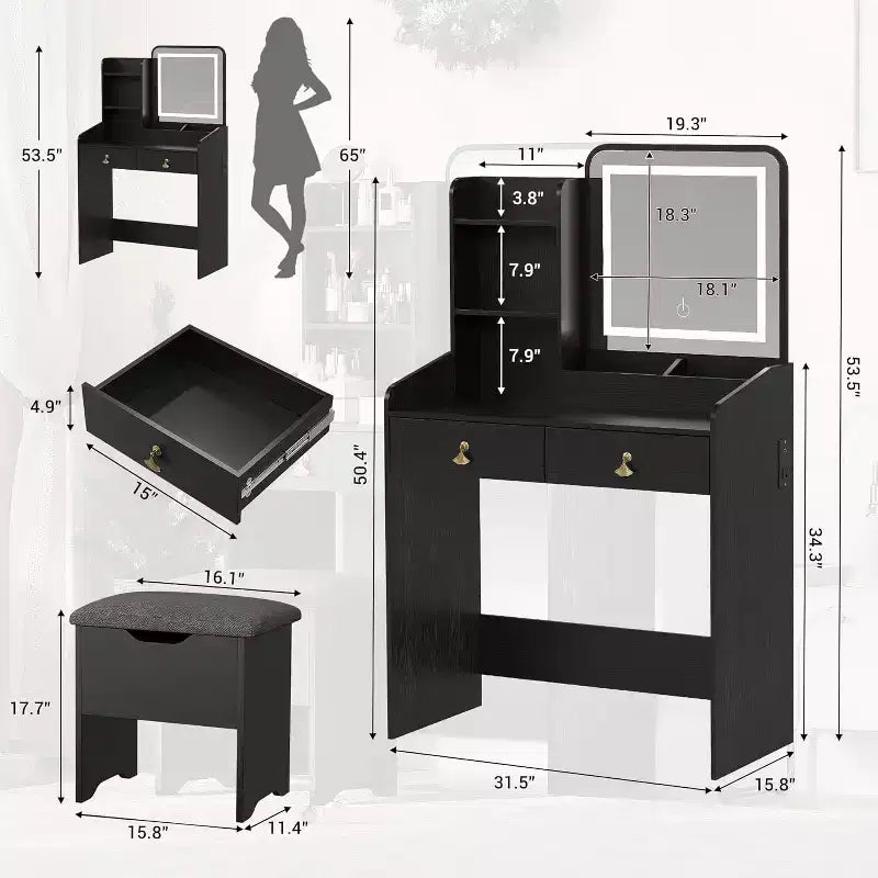 Coiffeuse avec miroir et lumières, Coiffeuse moderne avec tabouret de rangement caché, 2 grands tiroirs, 3 étagères ouvertes, pour Chambre à coucher