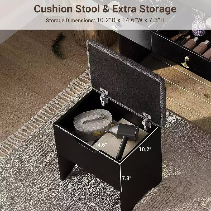 Coiffeuse avec miroir et lumières, Coiffeuse moderne avec tabouret de rangement caché, 2 grands tiroirs, 3 étagères ouvertes, pour Chambre à coucher