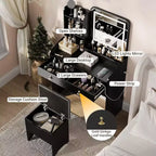 Coiffeuse avec miroir et lumières, Coiffeuse moderne avec tabouret de rangement caché, 2 grands tiroirs, 3 étagères ouvertes, pour Chambre à coucher