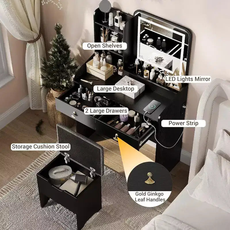 Coiffeuse avec miroir et lumières, Coiffeuse moderne avec tabouret de rangement caché, 2 grands tiroirs, 3 étagères ouvertes, pour Chambre à coucher