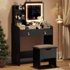 Coiffeuse avec miroir et lumières, Coiffeuse moderne avec tabouret de rangement caché, 2 grands tiroirs, 3 étagères ouvertes, pour Chambre à coucher