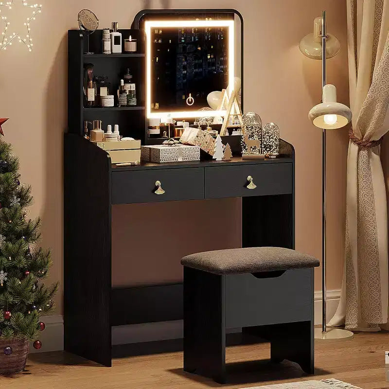 Coiffeuse avec miroir et lumières, Coiffeuse moderne avec tabouret de rangement caché, 2 grands tiroirs, 3 étagères ouvertes, pour Chambre à coucher