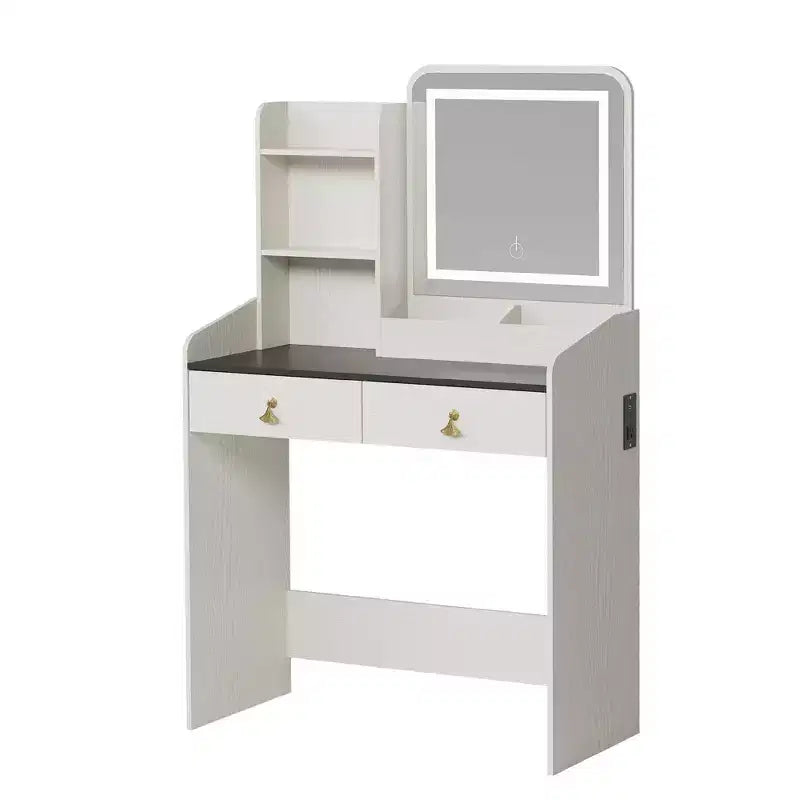 Coiffeuse avec miroir et lumières, Coiffeuse moderne avec tabouret de rangement caché, 2 grands tiroirs, 3 étagères ouvertes, pour Chambre à coucher