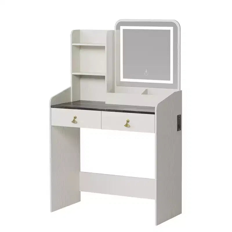 Coiffeuse avec miroir et lumières, Coiffeuse moderne avec tabouret de rangement caché, 2 grands tiroirs, 3 étagères ouvertes, pour Chambre à coucher