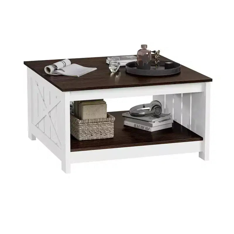 Table basse avec rangement Table basse de ferme Table basse en bois carrée de salon avec compartiment de rangement semi-ouvert