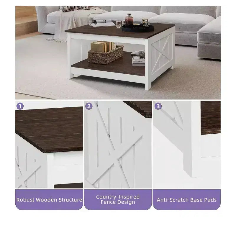 Table basse avec rangement Table basse de ferme Table basse en bois carrée de salon avec compartiment de rangement semi-ouvert
