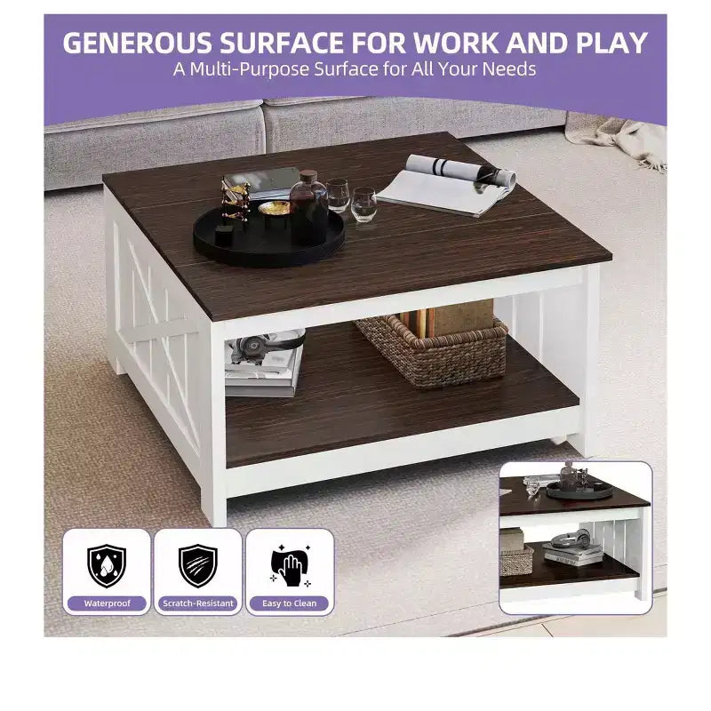 Table basse avec rangement Table basse de ferme Table basse en bois carrée de salon avec compartiment de rangement semi-ouvert