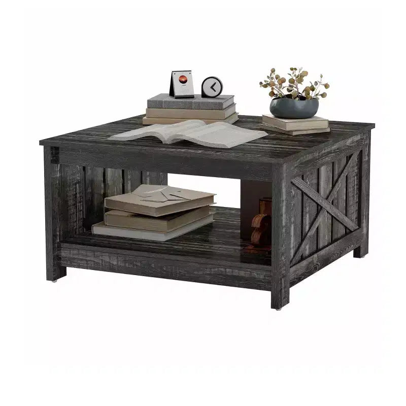 Table basse avec rangement Table basse de ferme Table basse en bois carrée de salon avec compartiment de rangement semi-ouvert