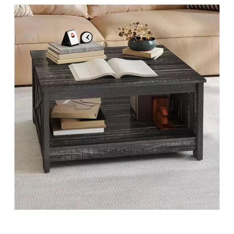 Table basse avec rangement Table basse de ferme Table basse en bois carrée de salon avec compartiment de rangement semi-ouvert