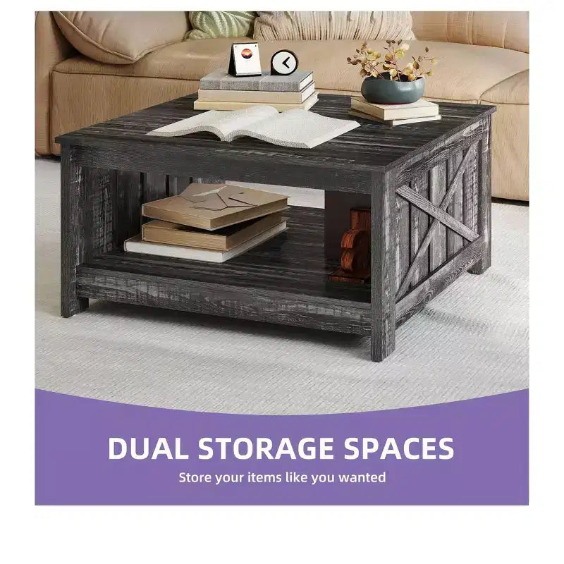 Table basse avec rangement Table basse de ferme Table basse en bois carrée de salon avec compartiment de rangement semi-ouvert