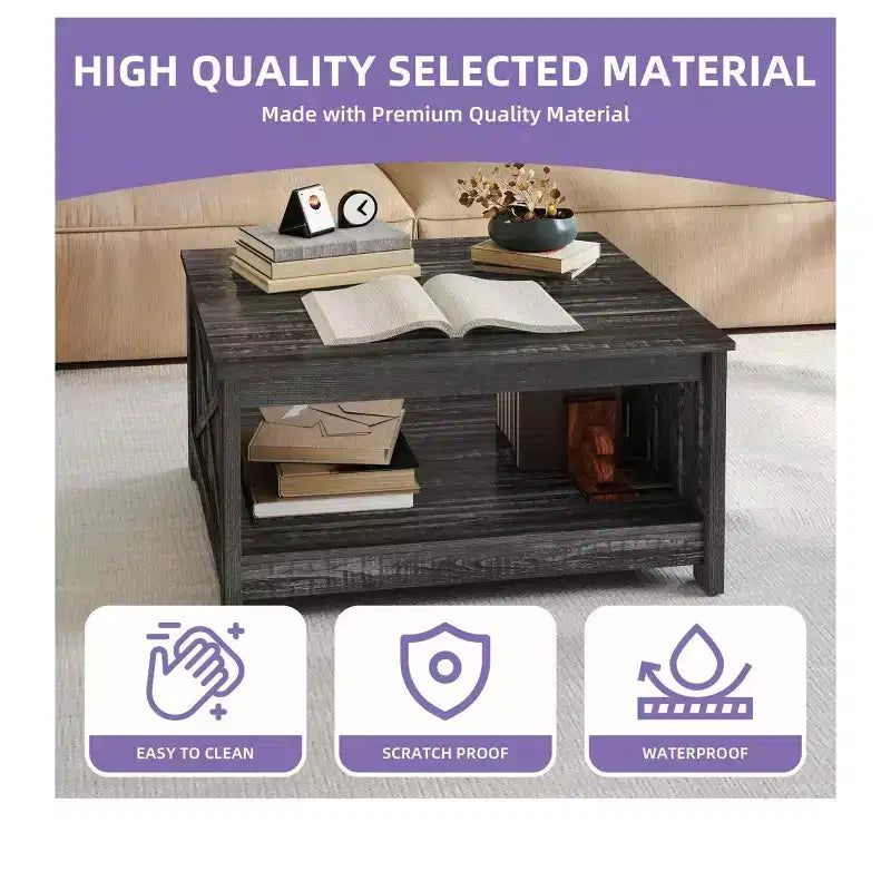 Table basse avec rangement Table basse de ferme Table basse en bois carrée de salon avec compartiment de rangement semi-ouvert