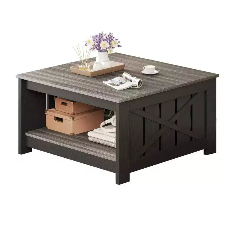 Table basse avec rangement Table basse de ferme Table basse en bois carrée de salon avec compartiment de rangement semi-ouvert