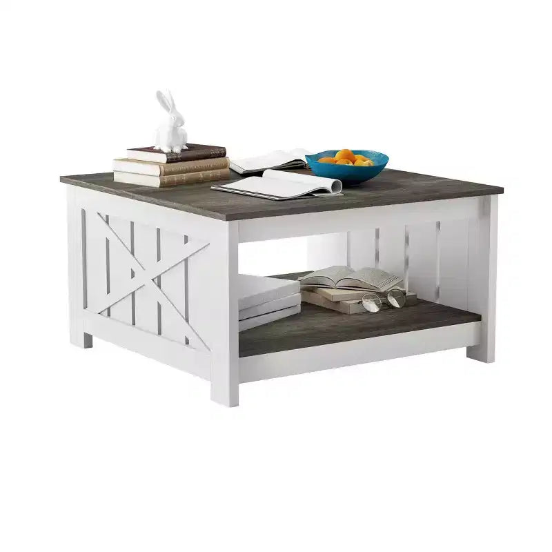 Table basse avec rangement Table basse de ferme Table basse en bois carrée de salon avec compartiment de rangement semi-ouvert