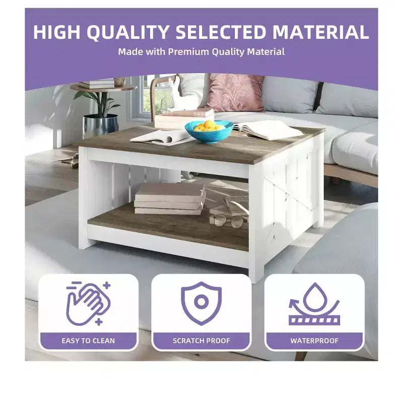 Table basse avec rangement Table basse de ferme Table basse en bois carrée de salon avec compartiment de rangement semi-ouvert