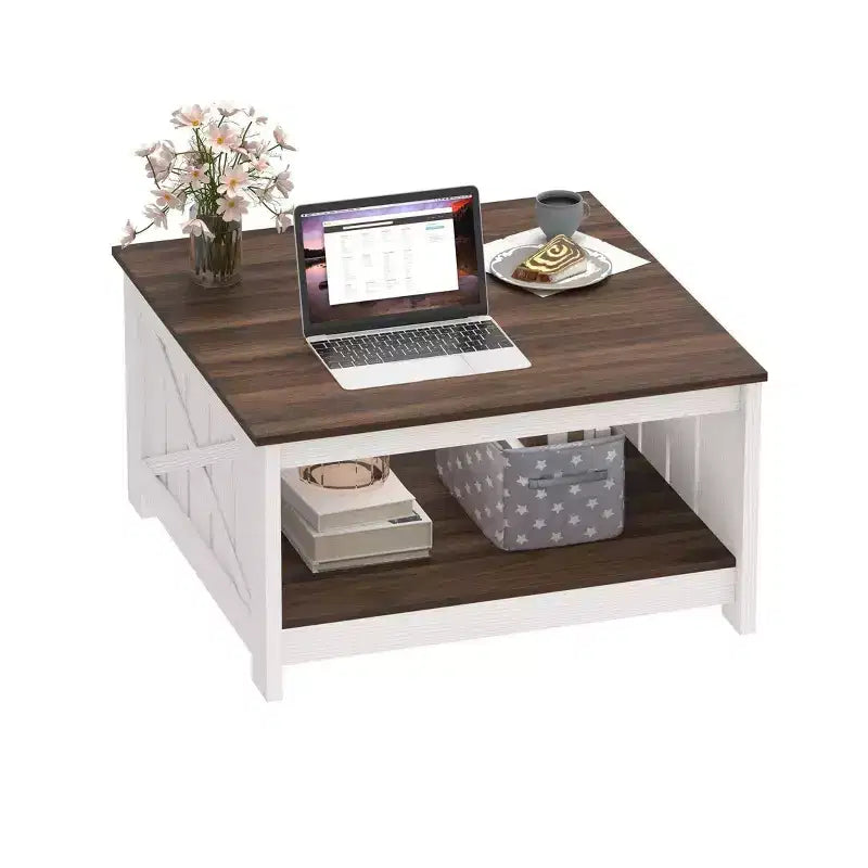 Table basse avec rangement Table basse de ferme Table basse en bois carrée de salon avec compartiment de rangement semi-ouvert