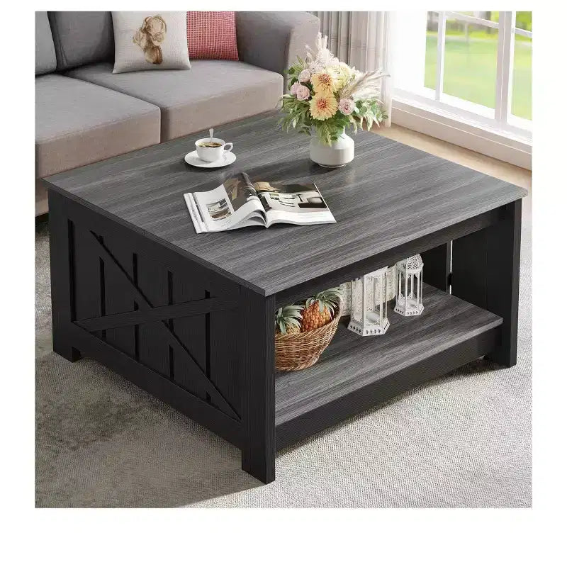 Table basse avec rangement Table basse de ferme Table basse en bois carrée de salon avec compartiment de rangement semi-ouvert