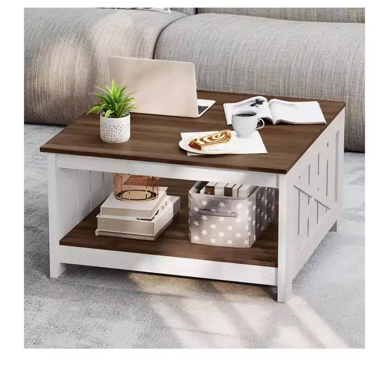 Table basse avec rangement Table basse de ferme Table basse en bois carrée de salon avec compartiment de rangement semi-ouvert