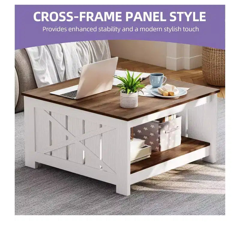 Table basse avec rangement Table basse de ferme Table basse en bois carrée de salon avec compartiment de rangement semi-ouvert