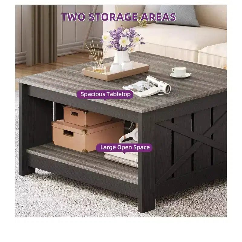 Table basse avec rangement Table basse de ferme Table basse en bois carrée de salon avec compartiment de rangement semi-ouvert