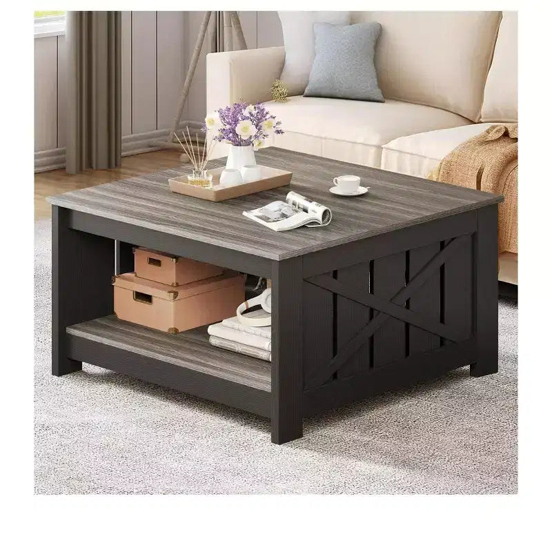 Table basse avec rangement Table basse de ferme Table basse en bois carrée de salon avec compartiment de rangement semi-ouvert