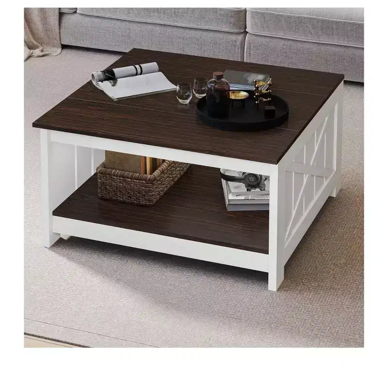 Table basse avec rangement Table basse de ferme Table basse en bois carrée de salon avec compartiment de rangement semi-ouvert