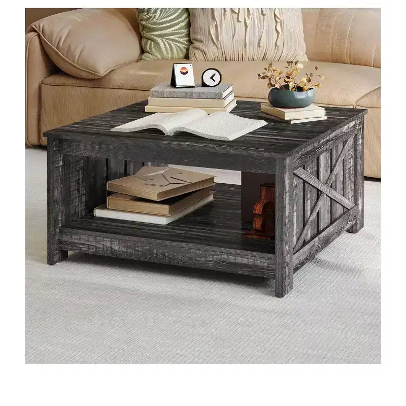 Table basse avec rangement Table basse de ferme Table basse en bois carrée de salon avec compartiment de rangement semi-ouvert