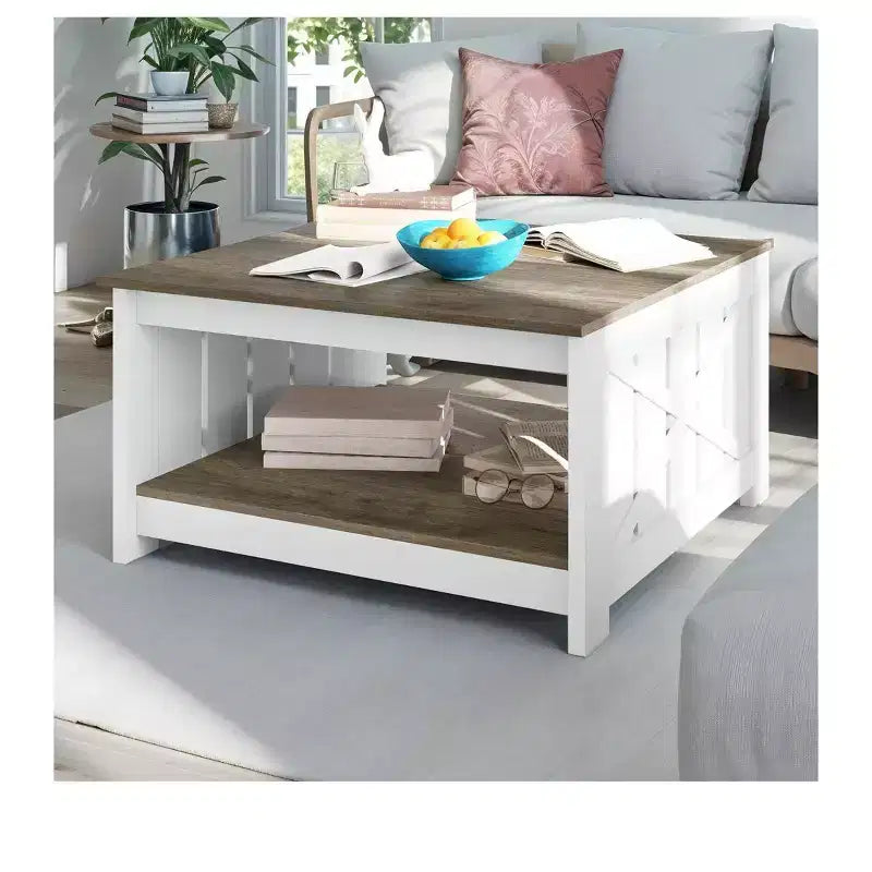 Coffee Table With Storage Farmhouse Coffee Table Wood Cocktail Table Square Living Room Table With Half Open Storage Compartment