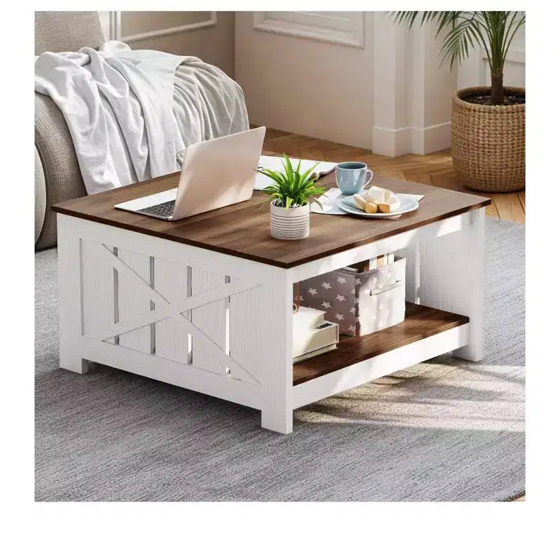 Table basse avec rangement Table basse de ferme Table basse en bois carrée de salon avec compartiment de rangement semi-ouvert