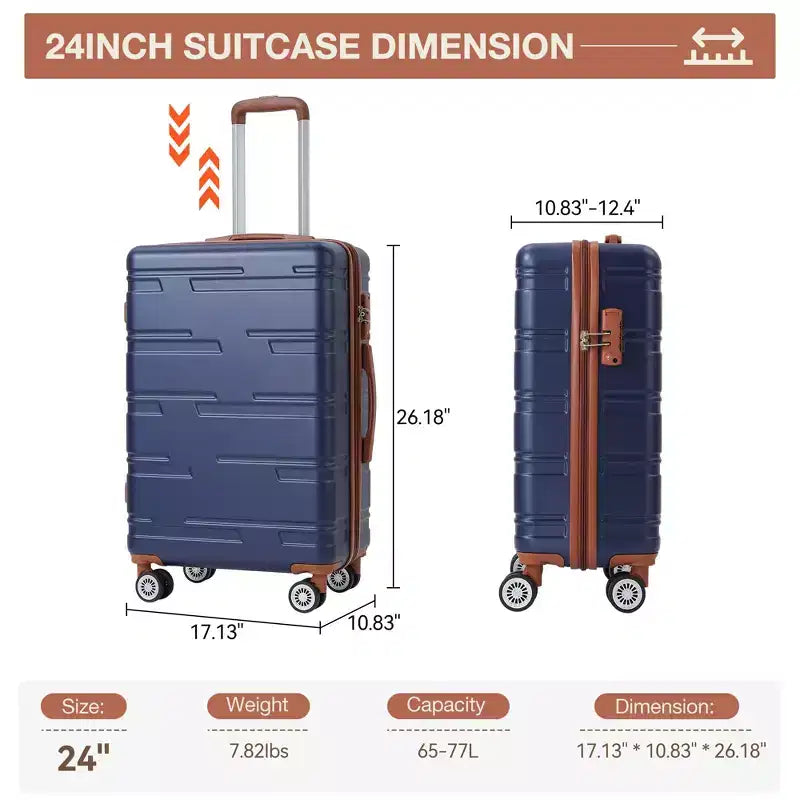 Bagage cabine rigide 24 pouces avec roues pivotantes, valise légère extensible avec cadenas TSA, bagage cabine rigide durable