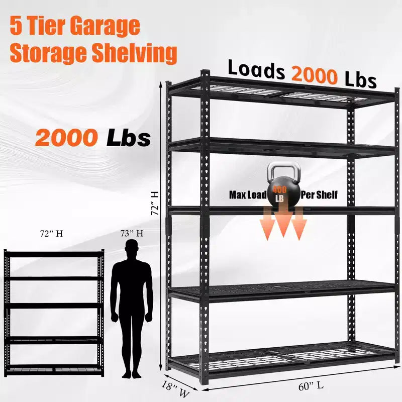 Étagères réglables à 5 niveaux, étagère de garage en fil métallique robuste de 900 kg, étagères de rangement métalliques, étagères de garage de 183 cm de haut pour sous-sol