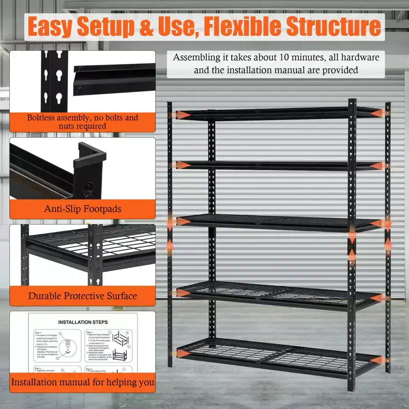 Étagères réglables à 5 niveaux, étagère de garage en fil métallique robuste de 900 kg, étagères de rangement métalliques, étagères de garage de 183 cm de haut pour sous-sol